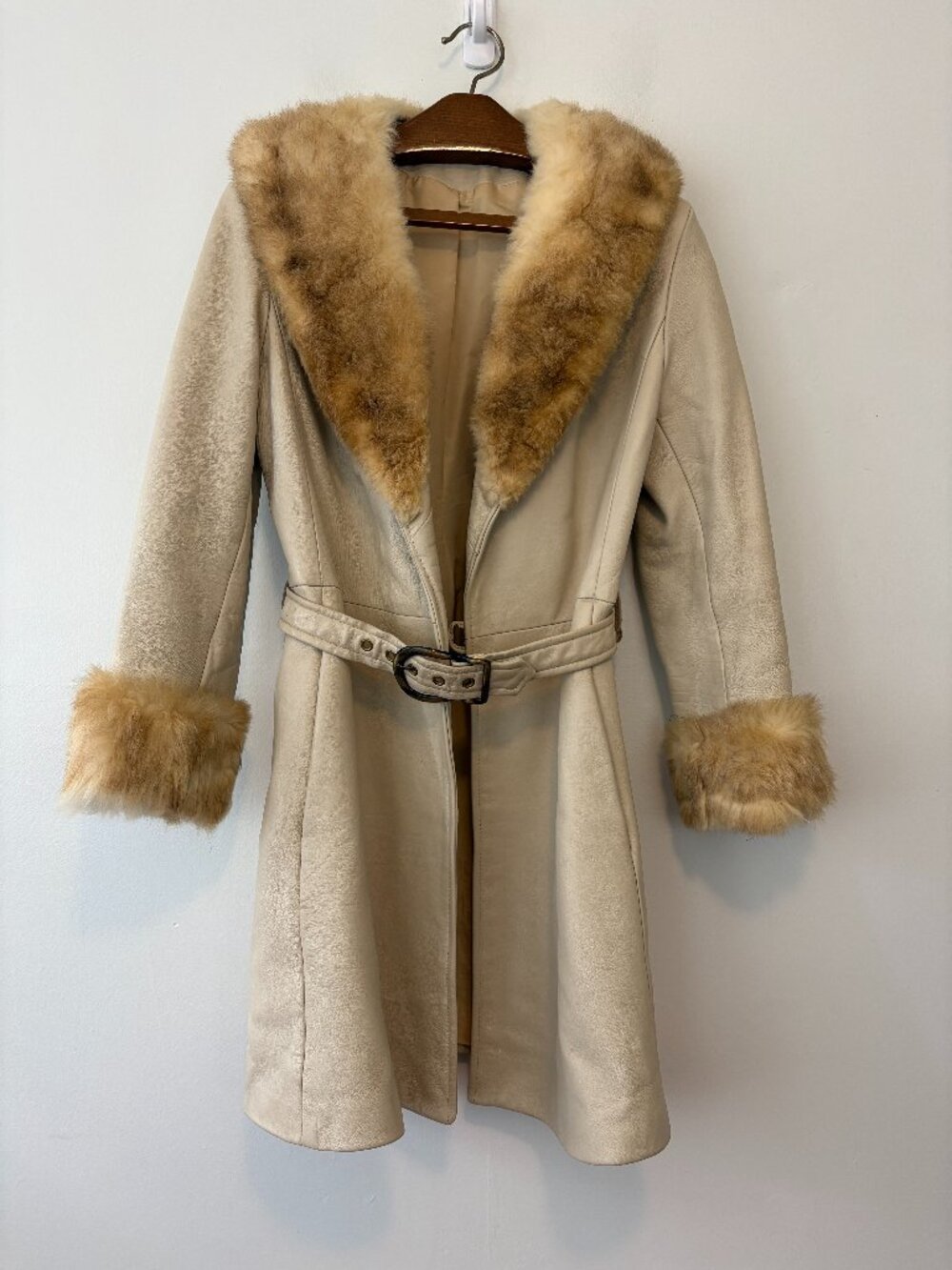 Vintage Ivory Leather Penny Lane Coat Belted Jacket Womens XS/S